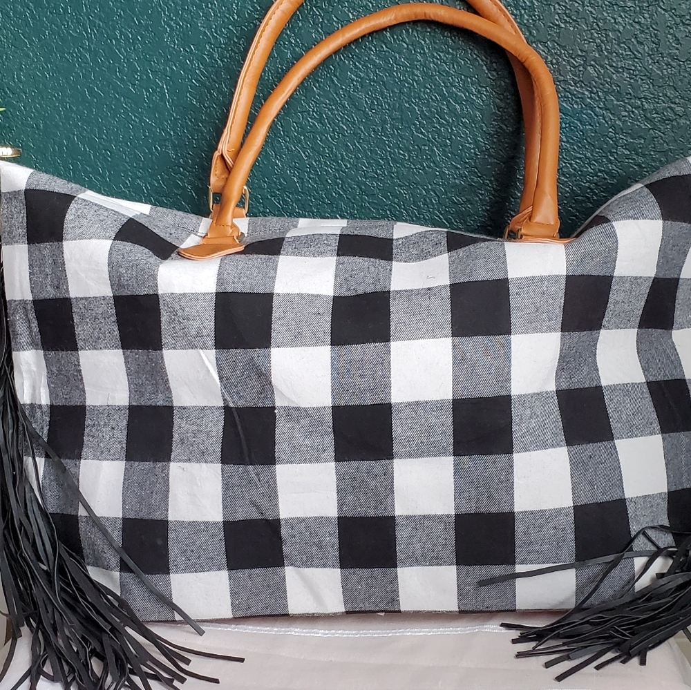 Black Buffalo Plaid Print Fringe Weekender…